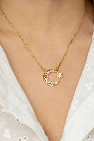 DHARMONYCO Çelik Gold Taşlı Ay Yıldızlı Kolye