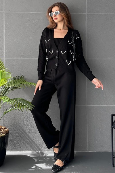 Fav Style Black Women's Knitwear Set - Thick Strap Blouse, Embroidered Cardigan and Wide Leg Trousers