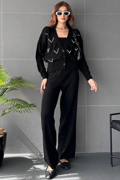 Fav Style Black Women's Knitwear Set - Thick Strap Blouse, Embroidered Cardigan and Wide Leg Trousers