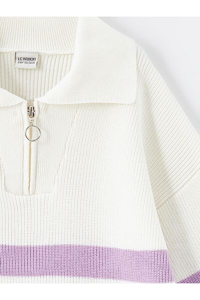 LC Waikiki Lcw Kids Cream Colored Polo Collar Girls' Knitwear Sweater