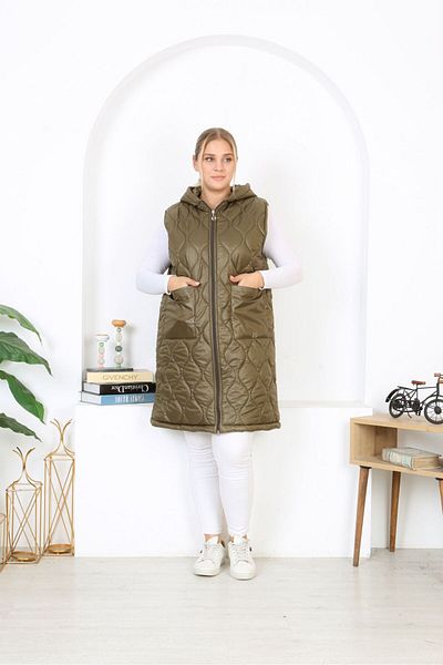 Şans Women's Large Size Khaki Hooded Long Vest with Quilted Pockets 65N38334