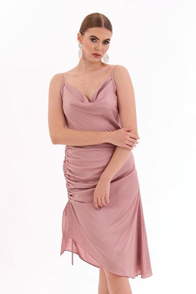 Carmen Pudra Saten Askılı Degaje Yaka Kısa Abiye Elbise