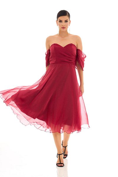 Carmen Burgunderfarbenes Verlobungsabendkleid aus Organza mit niedrigen Ärmeln