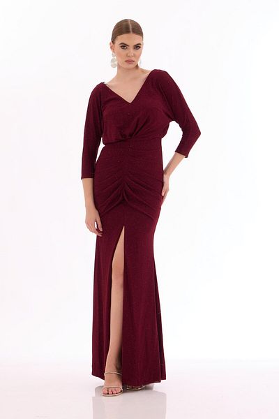 Simmore Burgundy Silvery Slit Long Evening Dress