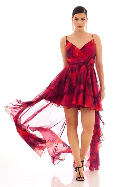 Carmen Langes Abendkleid mit Fuchsia-Print und kurzen Trägern vorne