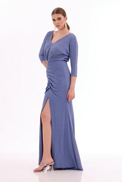 Simmore Indigó csillogó, hasított hosszú estélyi ruha