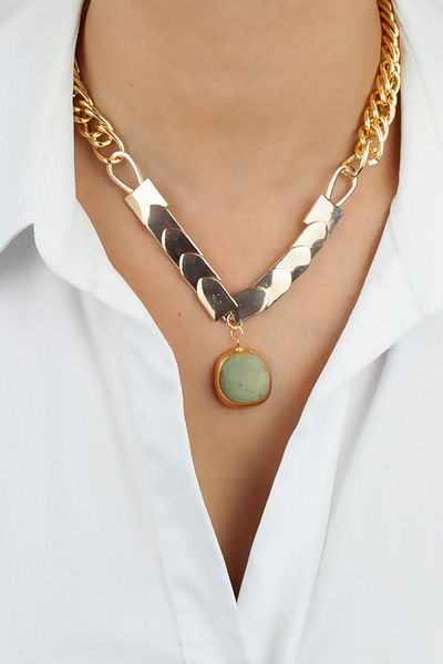 Pridza Green Agate Stone Gold Necklace Bracelet Set