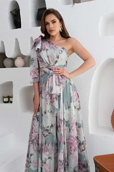 Carmen Çağla Empirme Tek Kol Yırtmaçlı Uzun Abiye Elbise