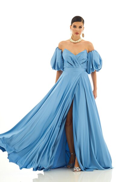 Carmen İndigo Saten Balon Kol Yırtmaçlı Uzun Abiye Elbise