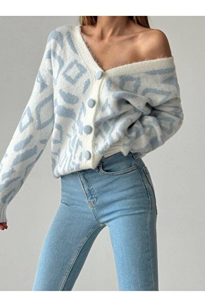 Butik Beyaz Mavi Leopar Desenli Hırka