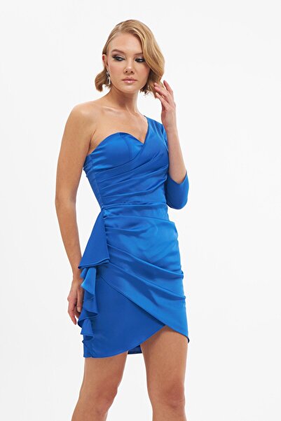 Carmen Saks Saten Tek Kollu Kısa Abiye Elbise