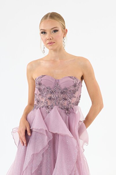 Carmen Sukienka ślubna z tiulu z brokatem lawendowym, wiązana na plecach, bez ramiączek