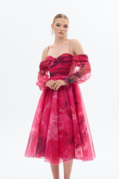 Carmen Fuşya Askılı Empirme Organze Abiye Elbise