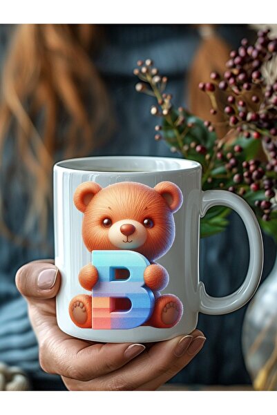 Evion Ayıcıklı Harf Şeklinde Kişiye Özel 3 Boyutlu Tasarım Seramik Kupa Mug - Hediyelik Kupa Bardak