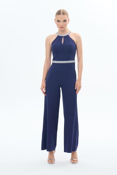 Carmen Navy Blue Stone Detailed Lace Up Waist Jumpsuit