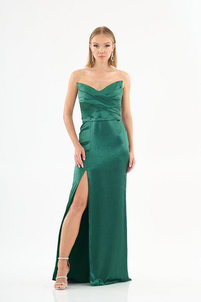 Carmen Green Satin Evening Dress - Cat Ear and Slit Detail