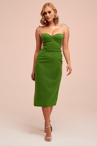 Carmen Rochie De Seara Midi Crep Din Dantela Verde Fistic