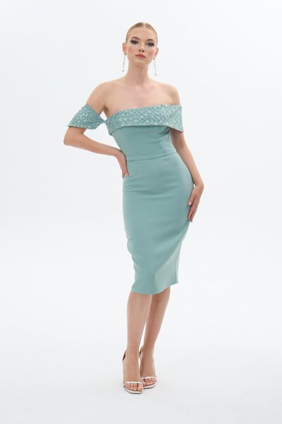 Carmen Çağla Düşük Kol Taşlı Krep Abiye Elbise