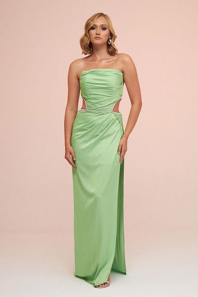 Carmen Rochie de seara lunga fara bretele din satin verde fistic, cu fanta laterala