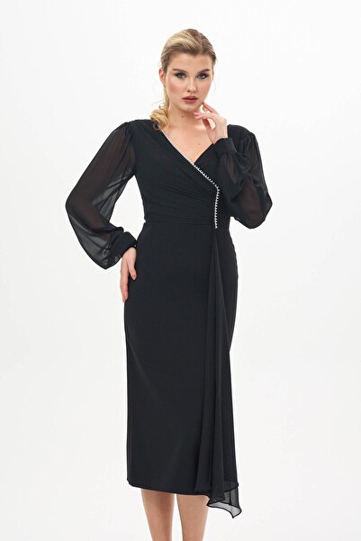 Carmen Černé večerní krepové šaty velké velikosti s dlouhým rukávem