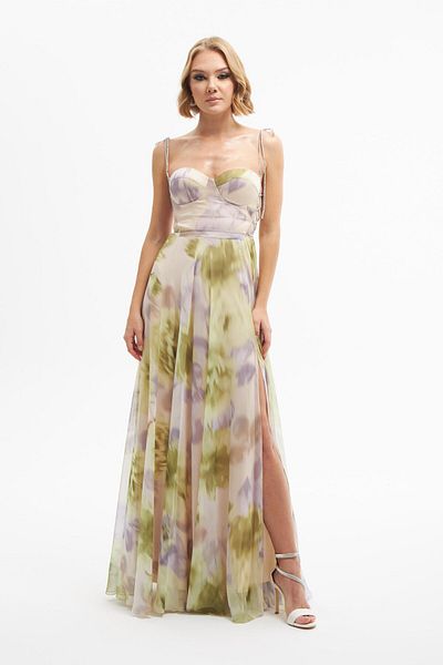 Carmen Pistachio Green Printed Long Evening Dress with Slit