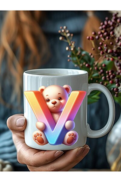 Evion Ayıcıklı Harf Şeklinde Kişiye Özel 3 Boyutlu Tasarım Seramik Kupa Mug - Hediyelik Kupa Bardak