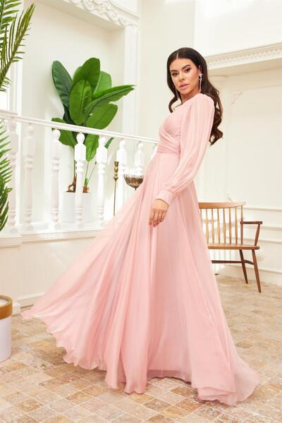 Carmen Μακρύ βραδινό φόρεμα σιφόν σε σκόνη και φόρεμα υπόσχεσης