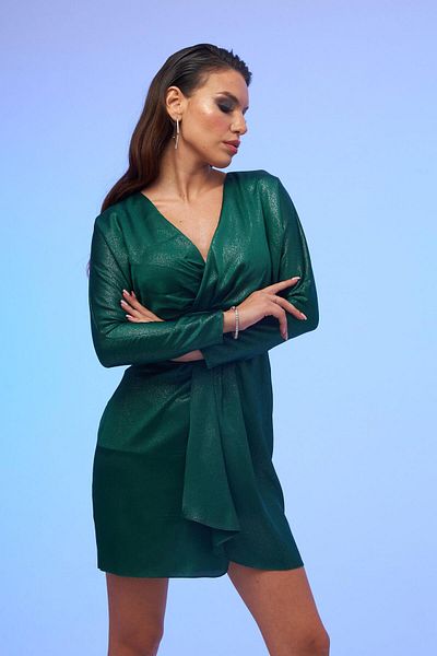 Carmen Emerald Foil Satin Long Sleeve Short Evening Dress