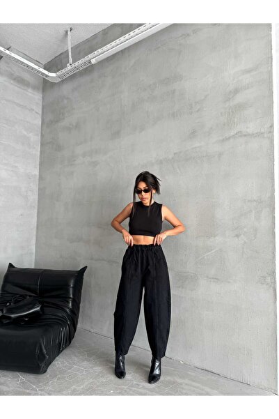 Butik SİYAH BELLİ LASTİK BAGGY KOT PANTOLON