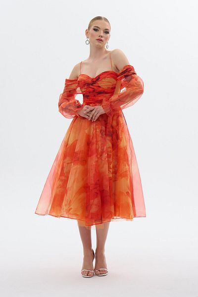Carmen Orange Strap Printed Organza Evening Dress