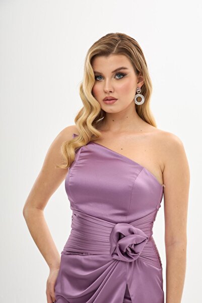 Carmen Lavanta Tek Omuz Güllü Saten Abiye Elbise