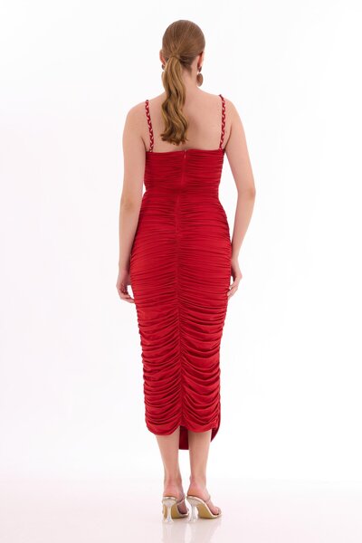 Carmen Kırmızı Büzgülü Askılı Venezia Abiye Elbise