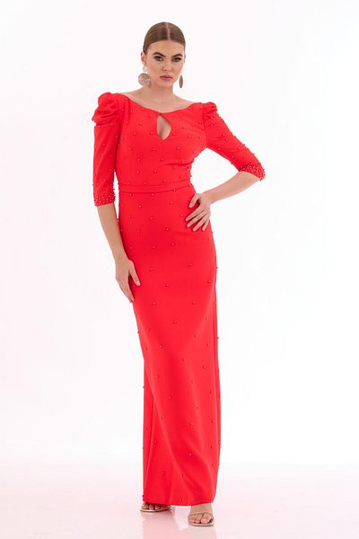 Carmen Korallenrotes, mit Perlen besticktes Krepp-Abendkleid
