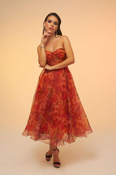 Carmen Orange Printed Strapless Midi Evening Dress