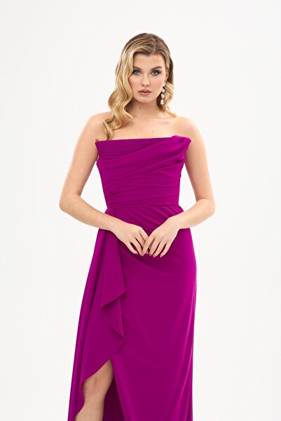 Carmen Fuşya Taş Baskılı Yırtmaçlı Krep Abiye Elbise