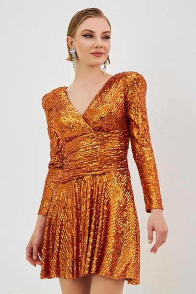 Carmen Orange Sequined Long Sleeve Short Evening Dress