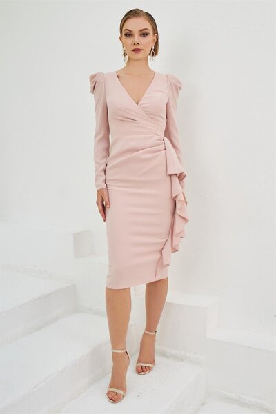 Carmen Pudra Krep Sırt Dekolteli Vatkalı Midi Abiye Elbise
