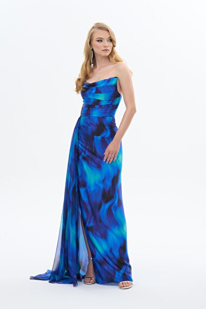 Carmen Saks Empirme Kedi Kulağı Uzun Saten Abiye Elbise