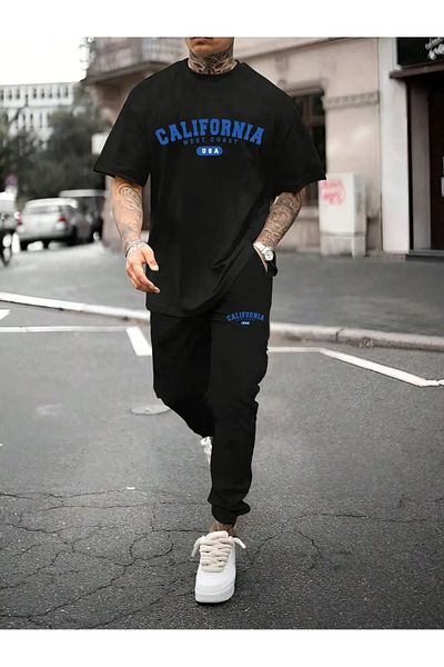 Elfa Tekstil California New York Printed T-Shirt - Crew Neck Jogger Tracksuit Set