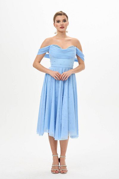 Carmen Blaues Chiffon-Verlobungskleid mit Perlenstickerei