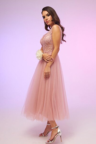 Carmen Pudra Tül Sırt Dekolteli Midi Söz Elbisesi