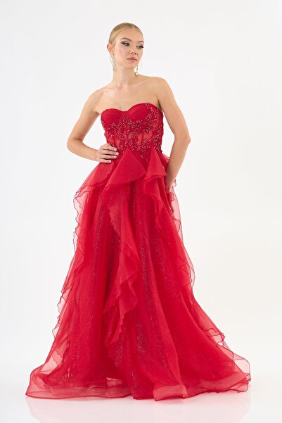 Carmen Kırmızı Simli Tül İşlemeli Sırtı Bağlamalı Straplez Nişanlık