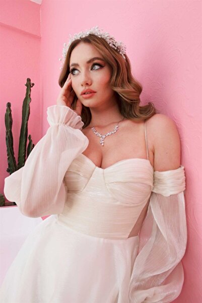 Carmen Svatební večerní šaty Ecru Organza s nízkým rukávem