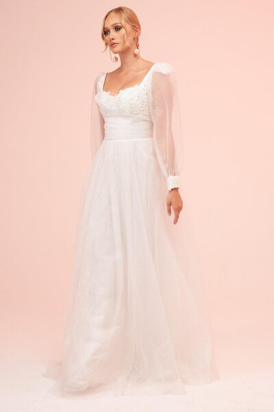 Carmen Ekru Önü İşlemeli Simli Tül Abiye Elbise