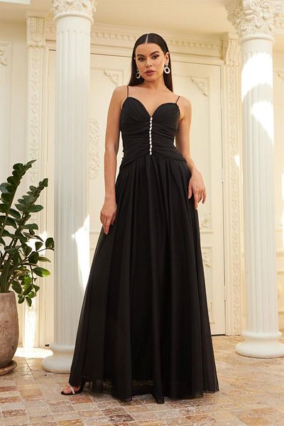 Carmen Stone Detailed Black Chiffon Long Evening Dress and Invitation Dress