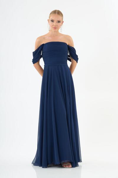 Carmen Lacivert Düşük Kollu Yırtmaçlı Şifon Abiye Elbise