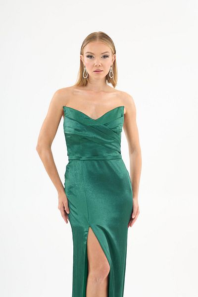 Carmen Green Satin Evening Dress - Cat Ear and Slit Detail