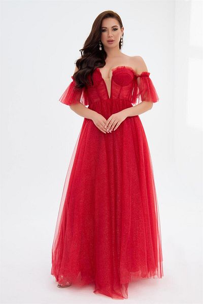 Carmen Red Lurex Tulle Tie Back Strapless Engagement Dress