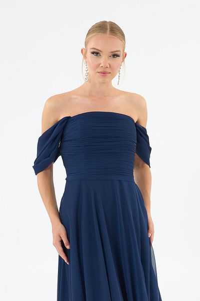 Carmen Navy Blue Low Sleeve Slit Chiffon Evening Dress