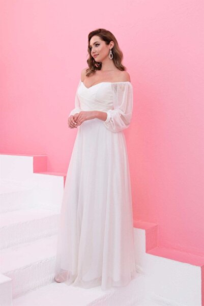 Carmen Ecru Glitter Long Sleeve Wedding Dress and Outdoor Shooting Dress